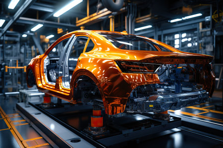 Automotive assembly line. Assembly line in modern automobile factory. Industrial backgroundの素材