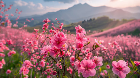 Peach blossom in the morning. Beautiful landscape with pink flowers.の素材