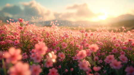 Beautiful pink flowers in the meadow at sunset, vintage toneの素材
