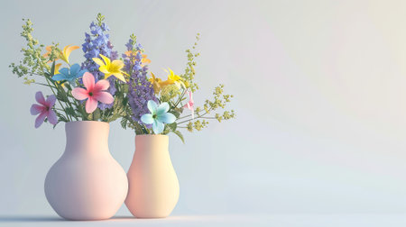 Bouquet of spring flowers in vases. 3d renderingの素材