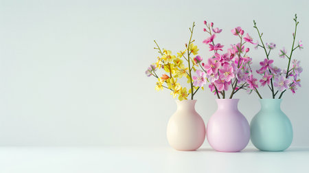 Spring flowers in vases on white background. 3D rendering.の素材