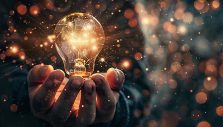 Close up of businessman holding in hands glowing light bulb. Idea conceptの素材
