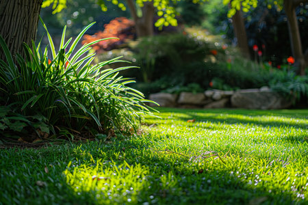 green grass in the garden with sunlight in the morning, stock photoの素材