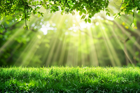 Green grass with sunbeams and lens flare effect. Spring nature backgroundの素材
