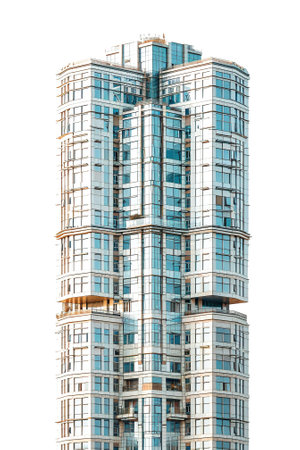 Modern skyscraper isolated on white background. Architectural detail of modern building.の素材
