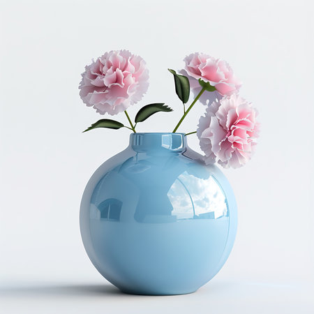 3d render of vase with pink carnation flowers on white backgroundの素材
