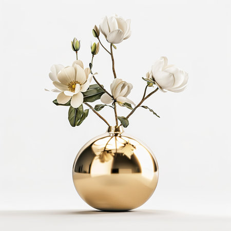 Golden vase with white flowers on a white background. 3d renderingの素材