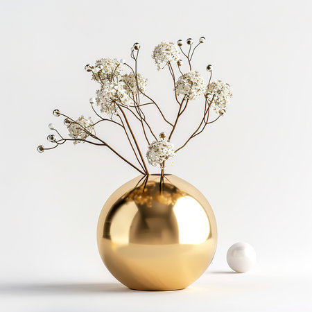 3d render of golden vase with white gypsophila flowersの素材
