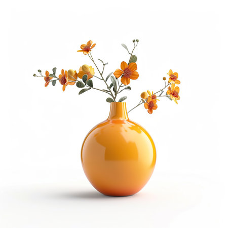 Orange vase with flowers isolated on white background. 3d illustrationの素材