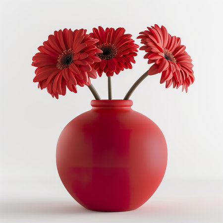 Red gerbera flowers in a vase on a white backgroundの素材