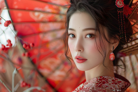 beautiful asian girl in traditional japanese kimonoの素材