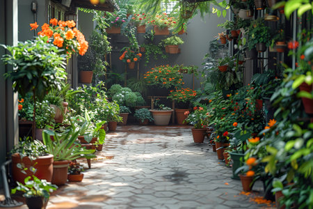 Flowers in pots on the terrace of a cozy home.の素材