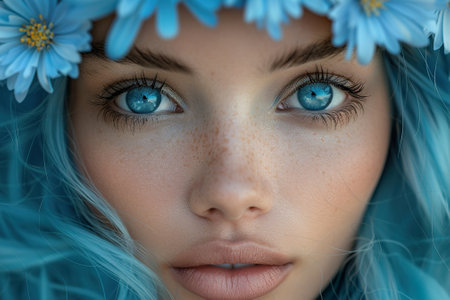Close-up portrait of a beautiful girl with blue hair and blue eyesの素材