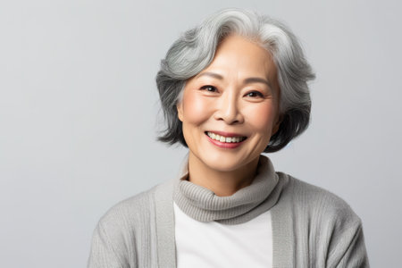 Portrait of a smiling senior asian woman with grey hair.の素材