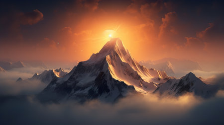 Mountains in the clouds at sunset. 3D Rendering.の素材