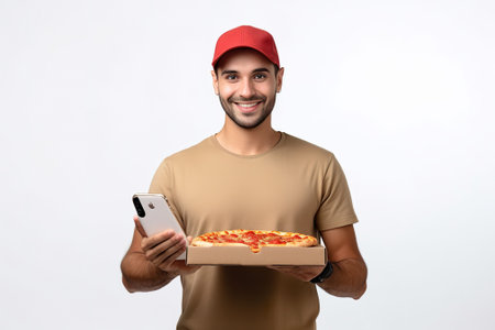 Smiling delivery man in t-shirt and cap holding pizza and using smartphone.の素材