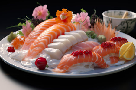 Japanese food, sashimi on a white plate with black backgroundの素材