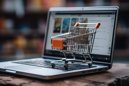Shopping cart on laptop screen. Online shopping and e-commerce concept.の素材