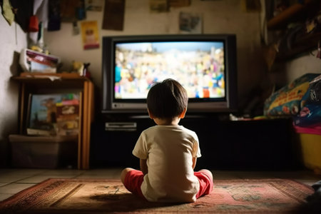 A little boy sitting on the floor in front of the TV.の素材