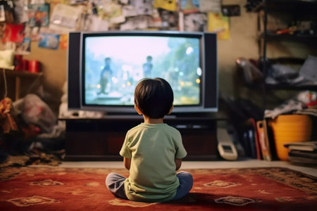 Cute little boy sitting on the floor in front of the televisionの素材