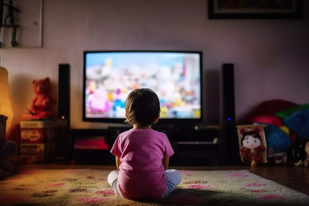 Toddler girl watching a movie at home sitting on the floor in front of a televisionの素材