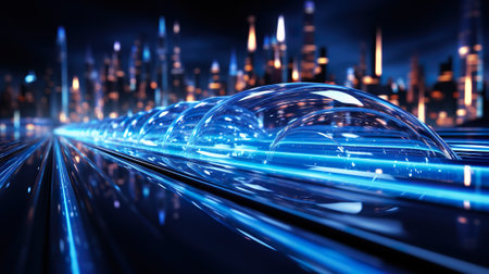 3d illustration of futuristic city with high speed train moving fast in the nightの素材