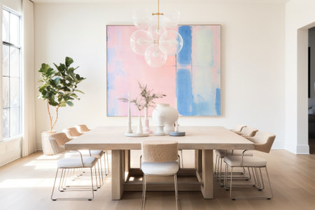 Interior of a modern dining room with a wooden table and chairsの素材