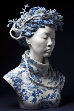 White mannequin head with blue floral headband on black backgroundの素材