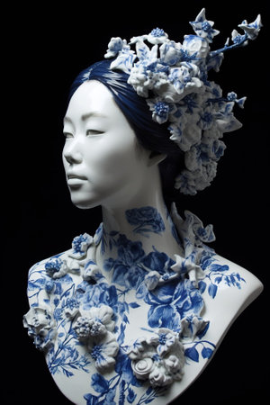 Beautiful white female mannequin with blue flowers on black backgroundの素材