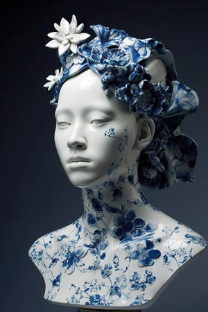 White mannequin with blue floral headdress on black background.の素材