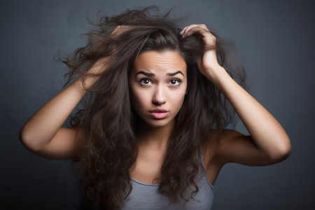 Portrait of a beautiful young woman with long hair on gray backgroundの素材