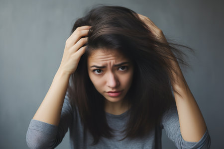 portrait of a sad young girl on a gray background. emotion facial expressionの素材