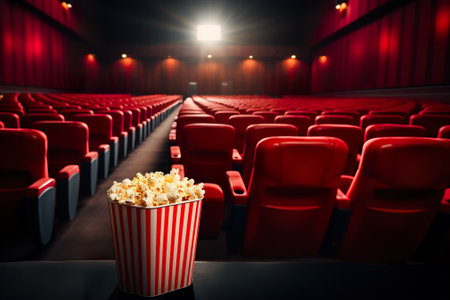 Movie hall with red seats and big popcorn bucket. 3d renderingの素材
