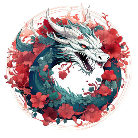 Dragon head with red flowers and leaves. Vector illustration for your designの素材