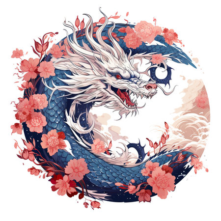 Dragon head with flowers and leaves. Tattoo design. Vector illustration.の素材