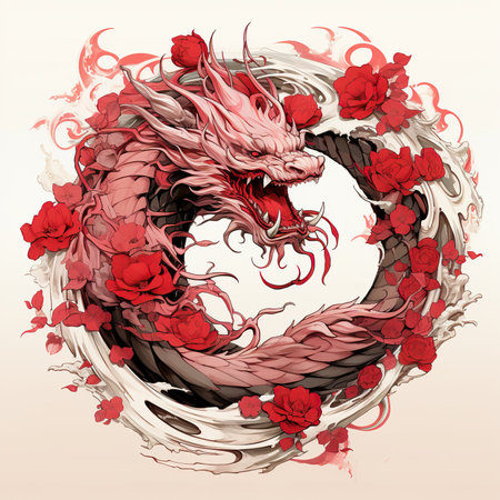 Dragon head with red rose petals on a white background. Vector illustration.の素材