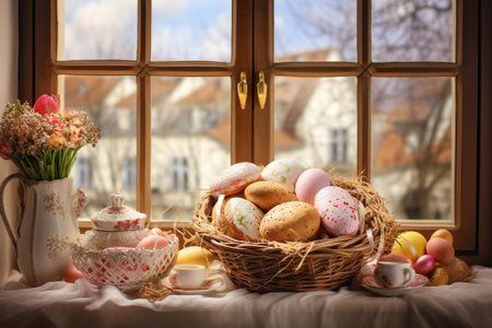 Basket with easter eggs and pastries on the windowsillの素材