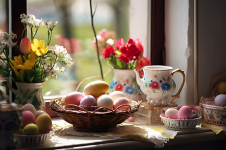Easter eggs in a basket on the windowsill and spring flowersの素材