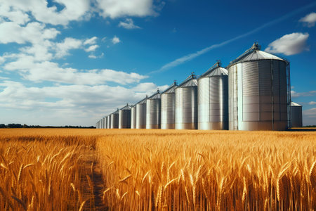 Grain silos on wheat field with blue sky and white cloudsの素材