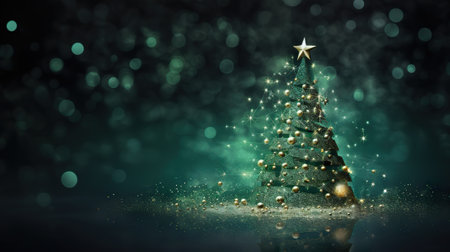 Christmas tree with golden star on bokeh background. 3D renderingの素材