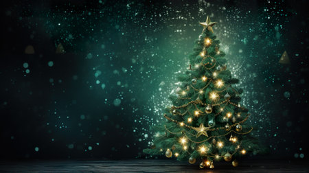Christmas tree with golden lights and snowflakes. 3d renderingの素材