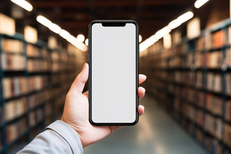 male hand holding a smartphone with a white screen on the background of the libraryの素材