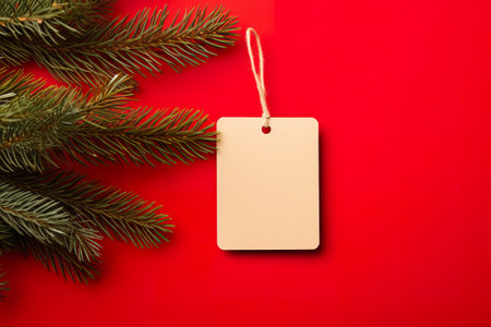 Christmas greeting card with fir branches and blank tag on red background.の素材
