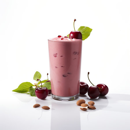 Cherry smoothie with fresh cherries and almonds on white backgroundの素材