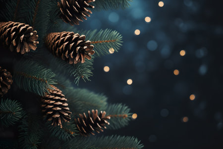 Christmas tree branch with pine cones on bokeh background. 3D illustrationの素材