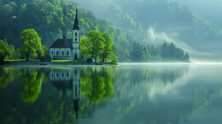 Lake Bled with church in the mist, Slovenia, Europe.の素材