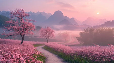 Peach blossom in spring with fog and mountain background at sunsetの素材