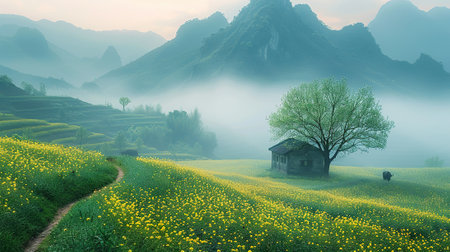 Beautiful landscape scenery view of rice fields and mountain in the morningの素材