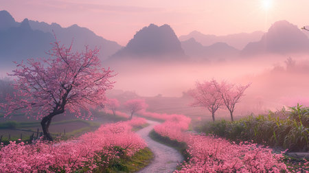 Peach blossom in spring, beautiful landscape with foggy mountains.の素材