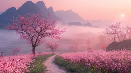 Peach blossom and foggy morning in the valley, 3d illustrationの素材
